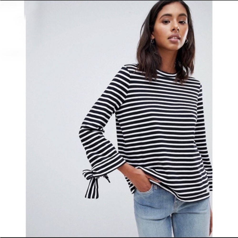 Jack Wills Black White Striped Top Bow Tie Sleeves